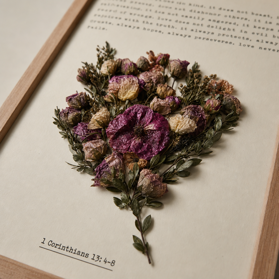 Pressed wedding bouquet framed with the 1 Corinthians 13 love verse, a meaningful keepsake by ADONIA Studios