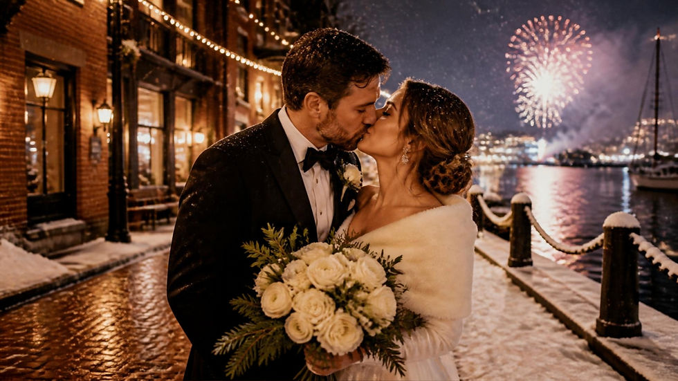 New Year's Eve wedding kiss on a snowy New England harbor with fireworks