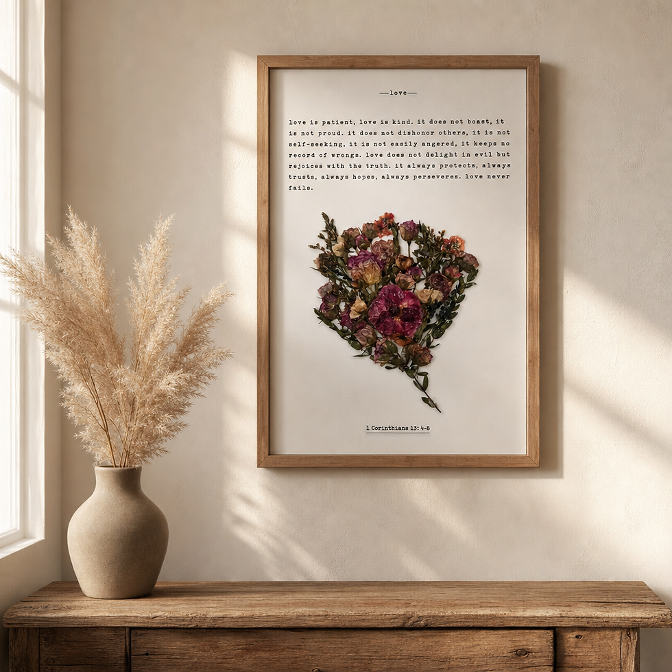 Framed pressed bouquet with a printed love verse, hanging on a wall above a vase of dried pampas grass