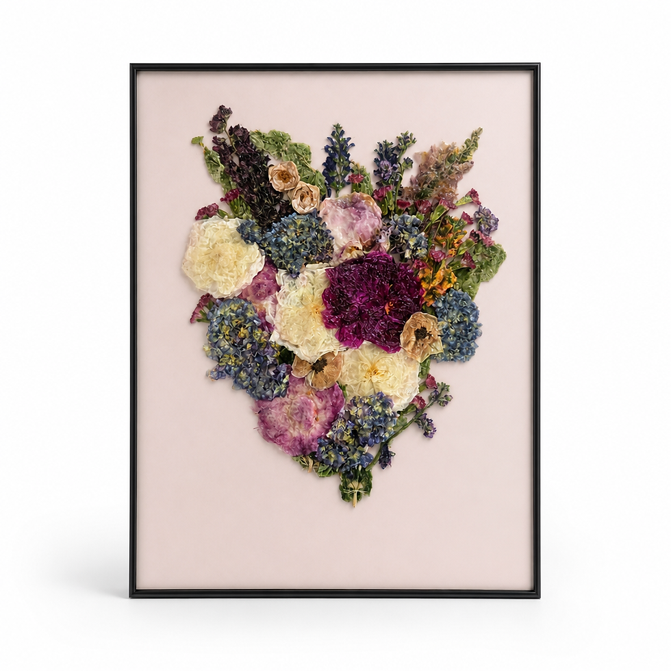 Pressed fall wedding bouquet in deep burgundy, plum and cream with blue delphinium, framed as floral art