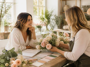 Bride-to-be meeting a wedding florist at a worktable of fresh garden roses, ranunculus and greenery