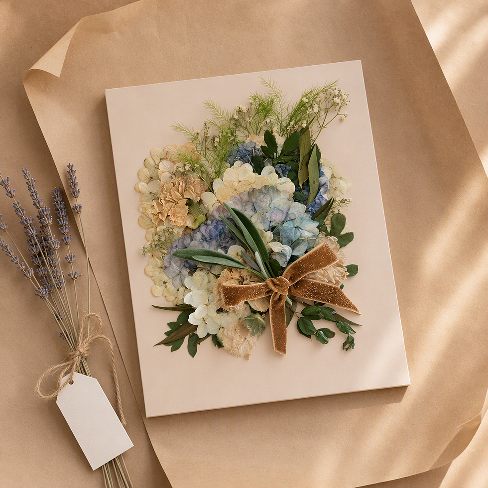 Pressed hydrangea wedding bouquet with a velvet bow on kraft paper, beside dried lavender and a gift tag