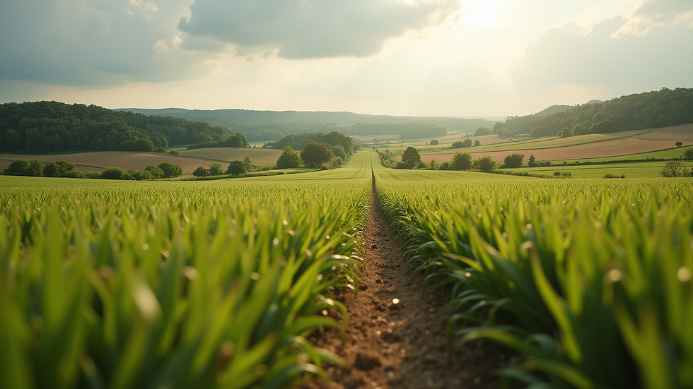 Eye-level view of a diverse farm landscape with crops and natural habitats