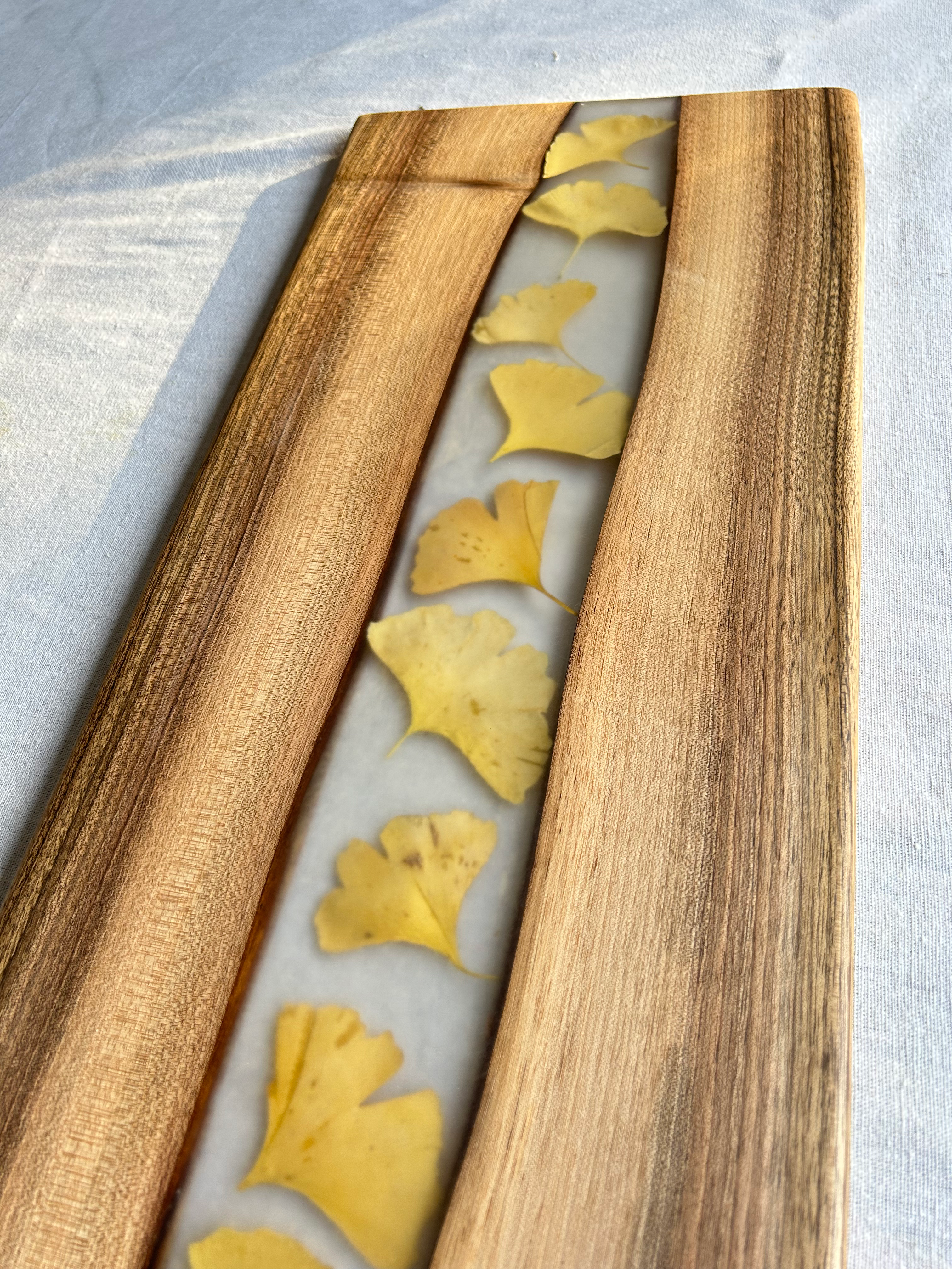 Golden Thread: French walnut & autumn ginkgo leaves in resin