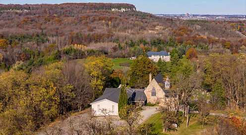Drone view of St. George's Anglican Church and grounds in Lowville, near Milton and Burlington, Ontario.