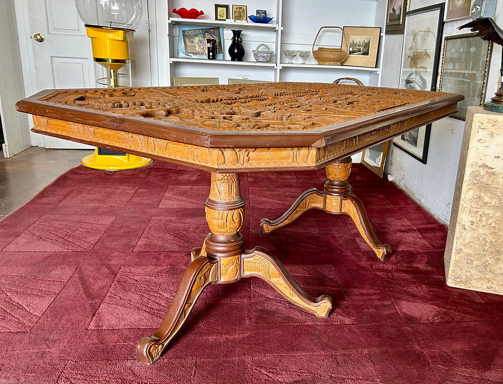 Thumbnail: Mid-century Bali, Indonesia Hand Carved Double Pedestal Teak Table