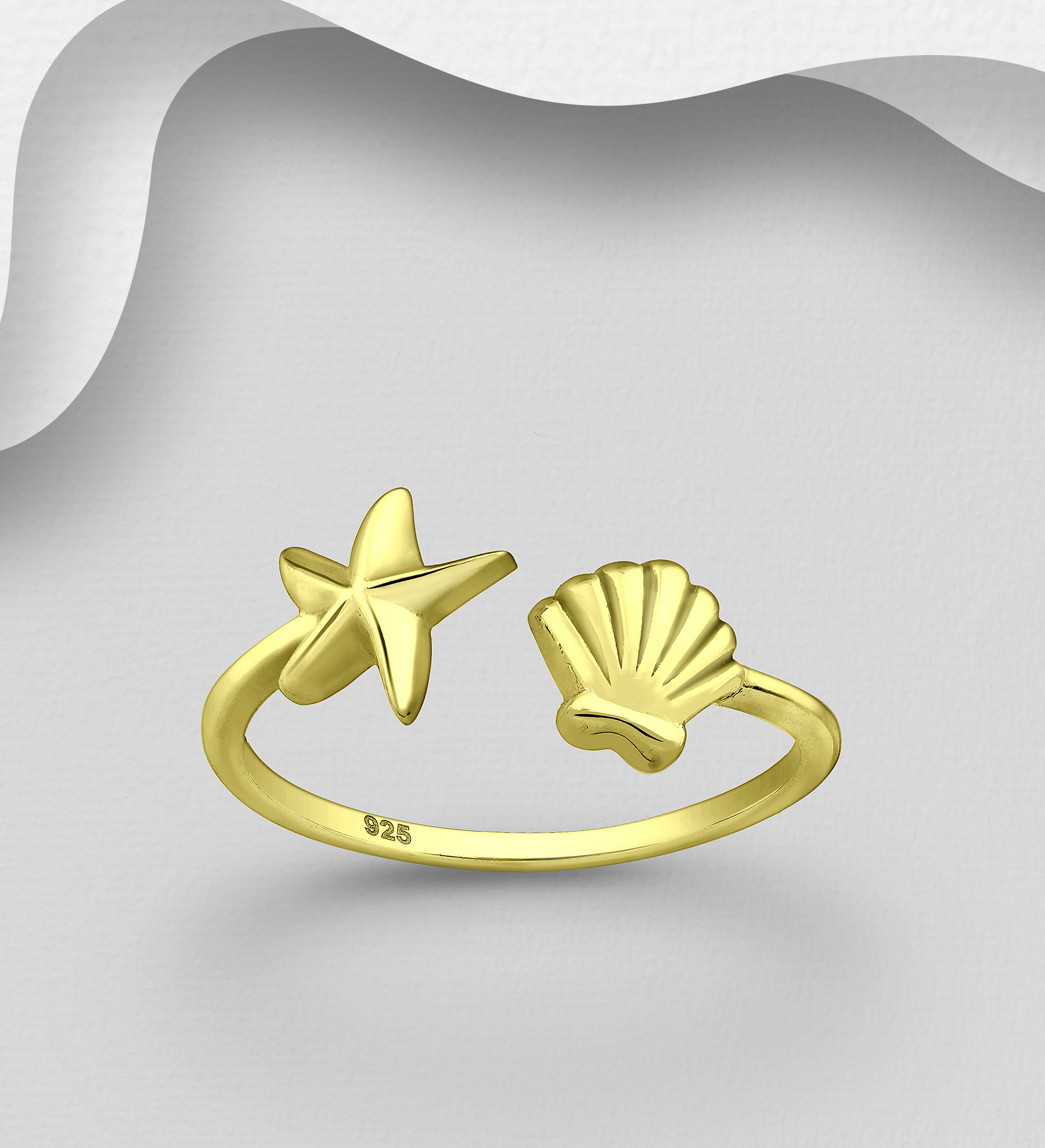 Gold Plated Sterling Silver Adjustable Shell and Star Ring