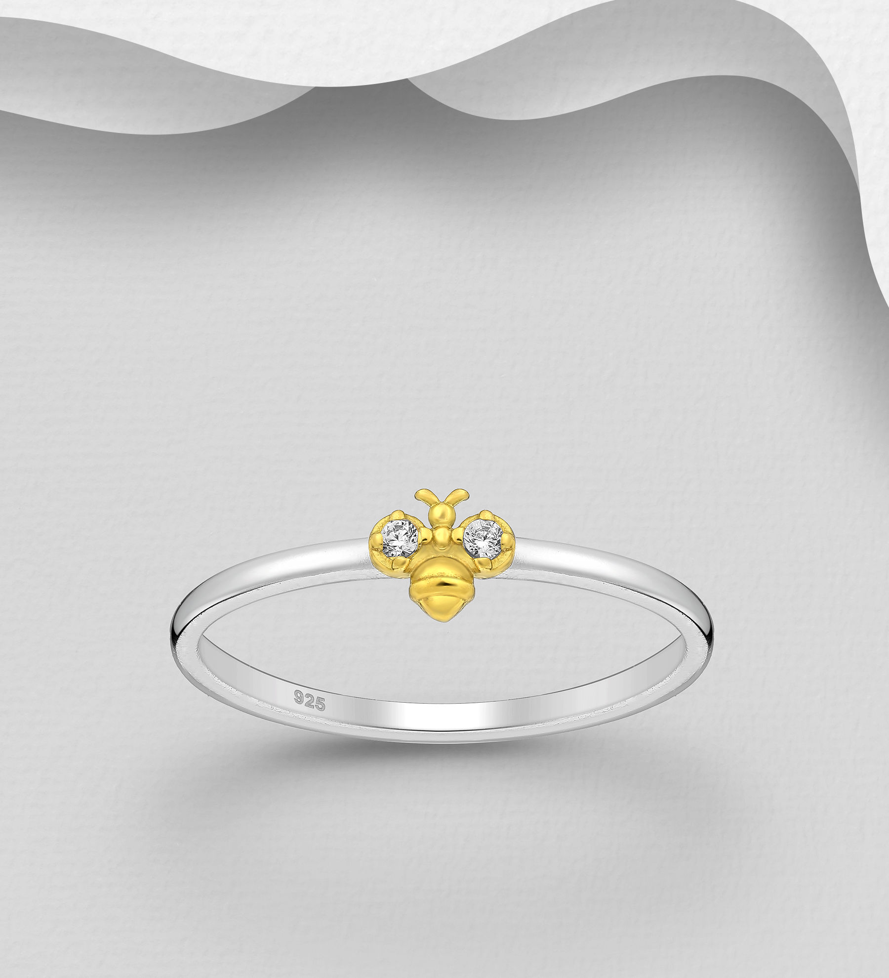 Gold Plated Sterling Silver Bee Ring with CZ