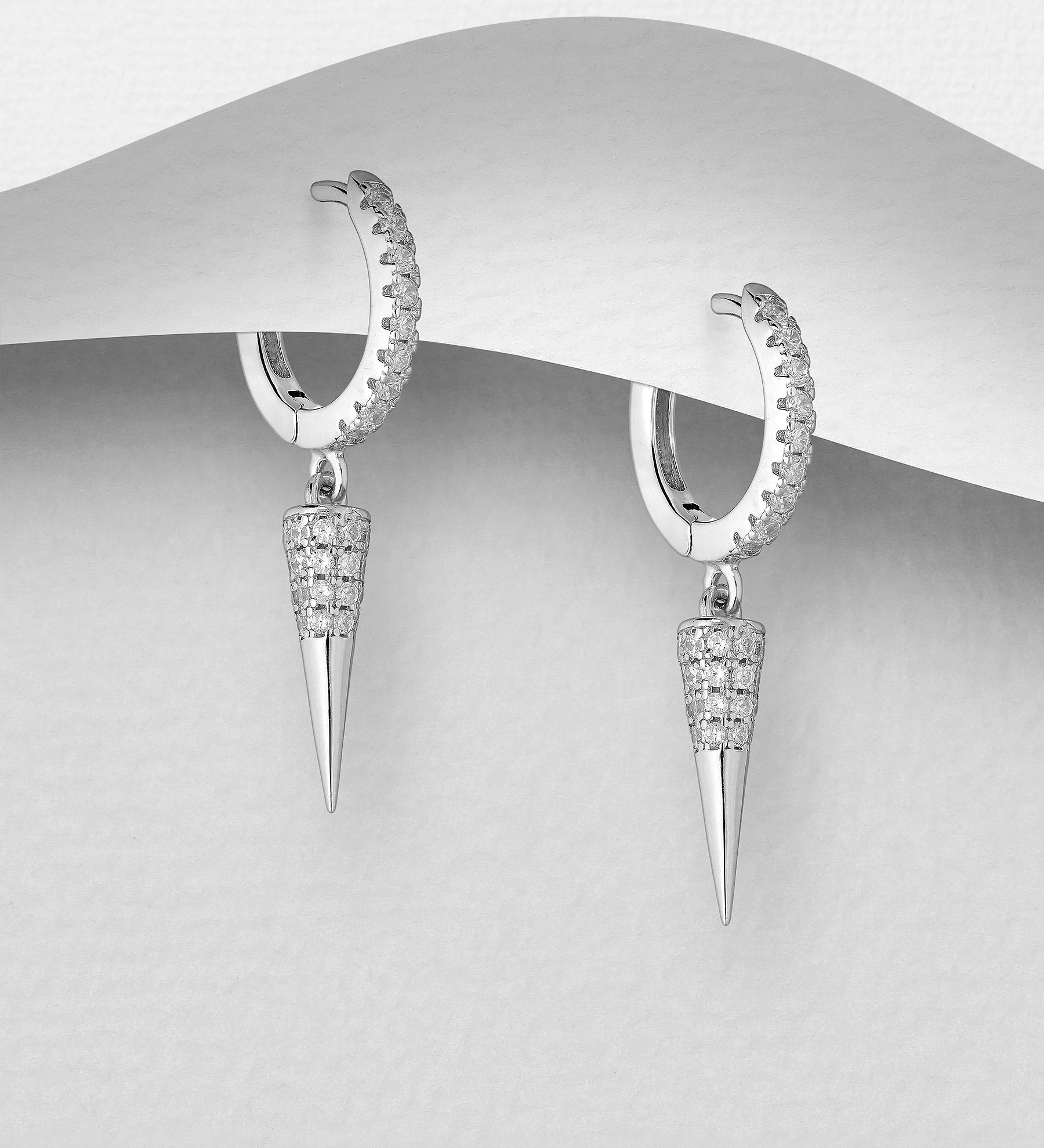 Sterling Silver Spike Hoop Earrings Decorated with CZ Simulated Diamonds