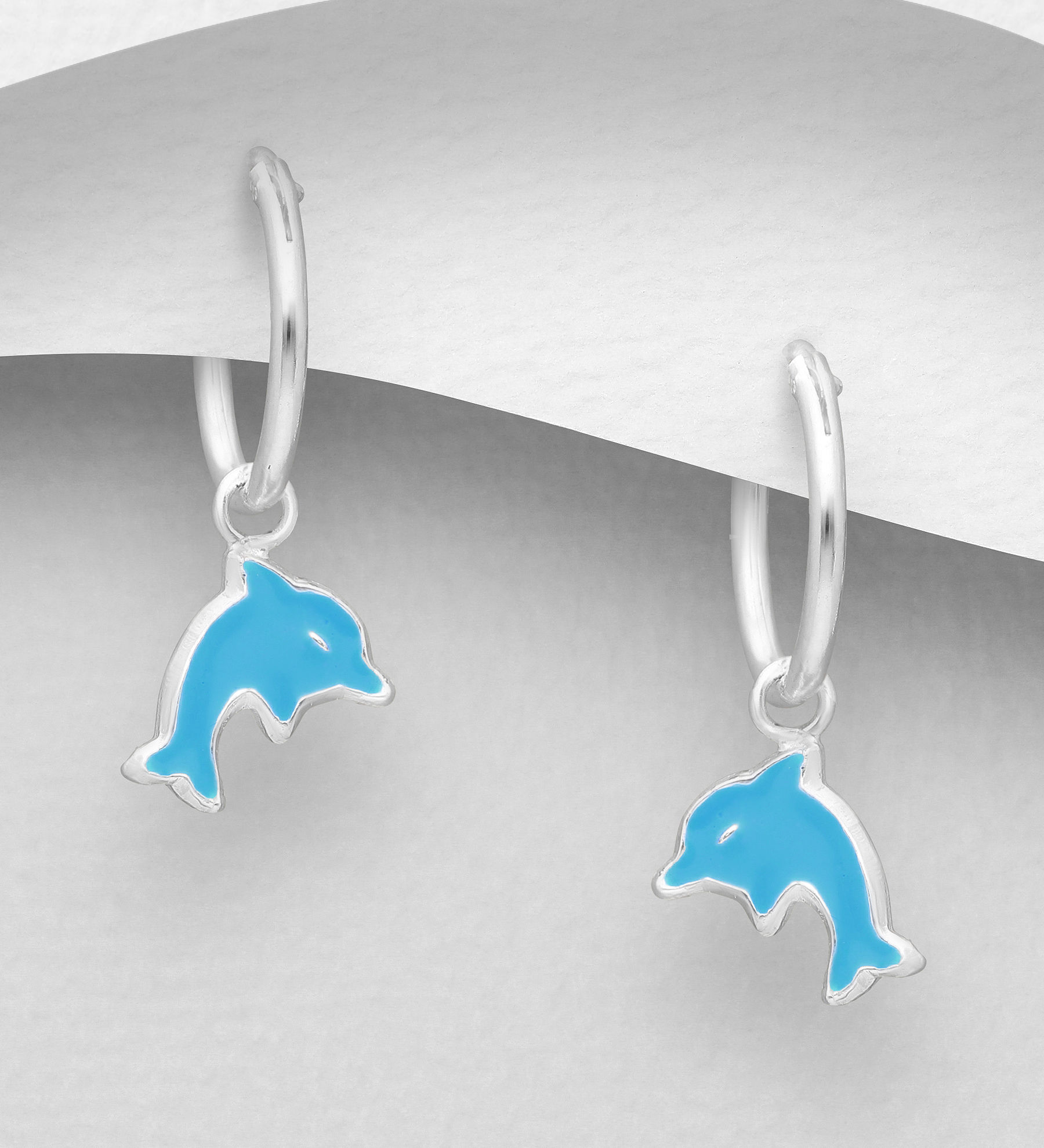 Sterling Silver Dolphin Hoop Earrings - Blue