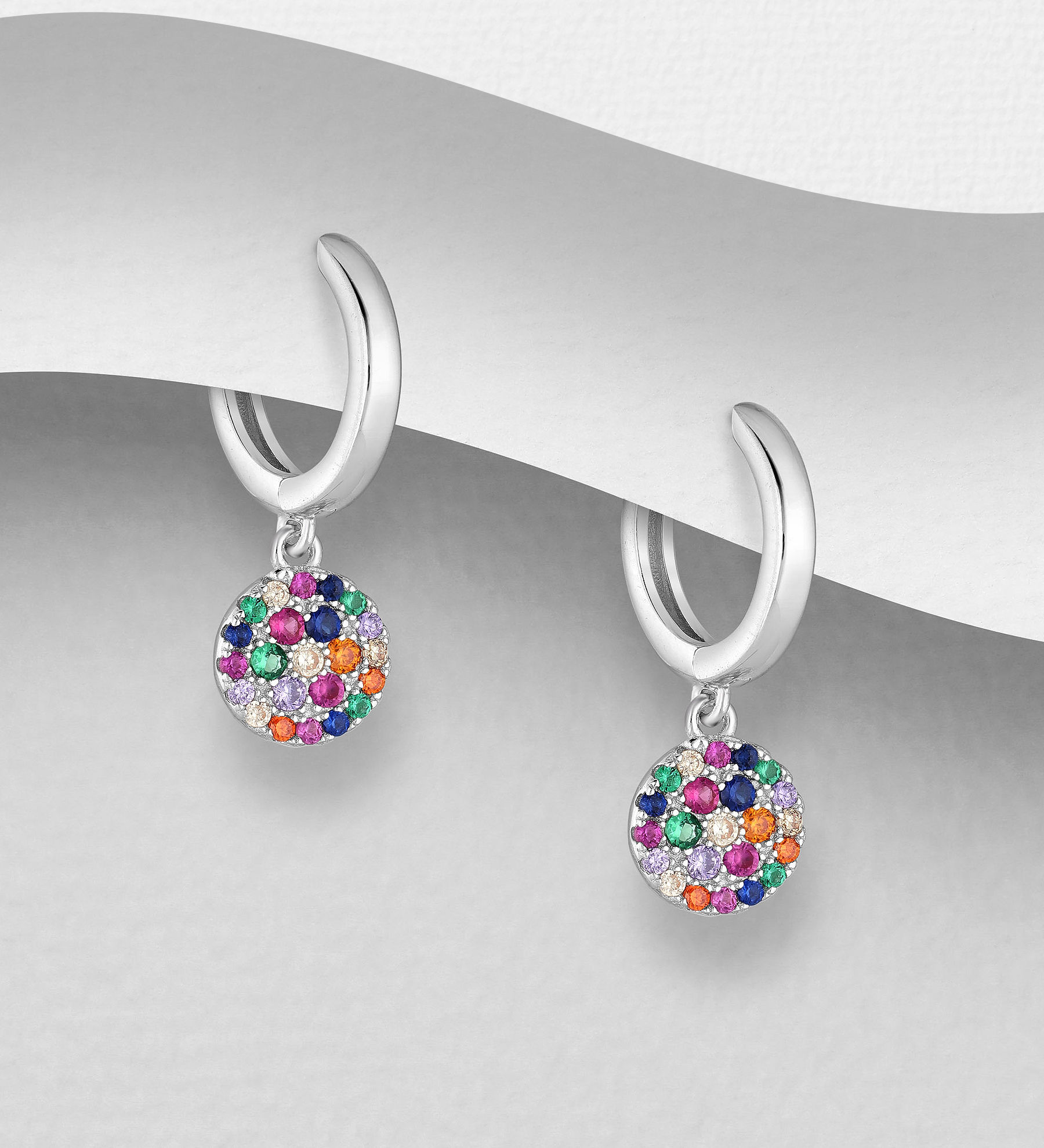Sterling Silver Hoop Earrings, Decorated with Colorful CZ