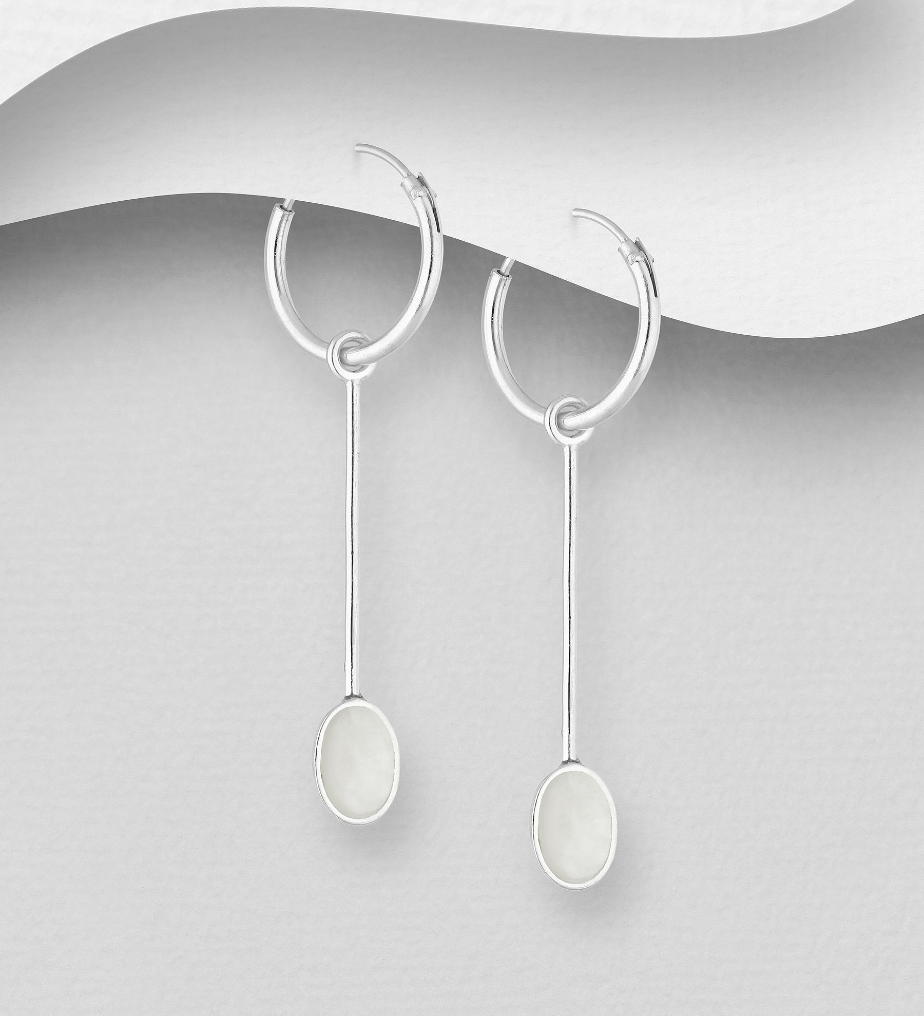 Sterling Silver Hoop and Bar Earrings Decorated with Shell