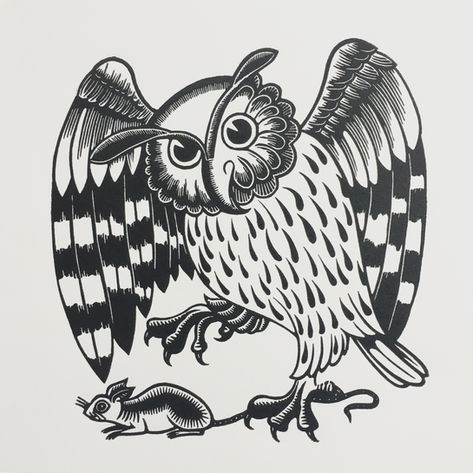 William de Morgan tile inspired owl linocut print by Inkshed Press
