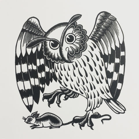 William de Morgan tile inspired owl linocut print by Inkshed Press
