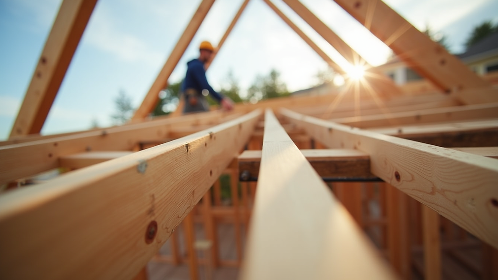 Close-up view of timber roof trusses being installed on a residential building