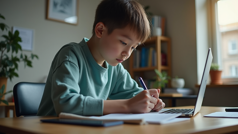 Eye-level view of a student engaged in an online tutoring session