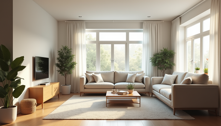 Eye-level view of a freshly cleaned modern living room with sunlight streaming through large windows