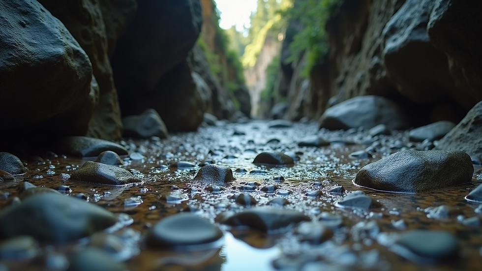 Close-up view of a rocky path leading through a narrow gorge