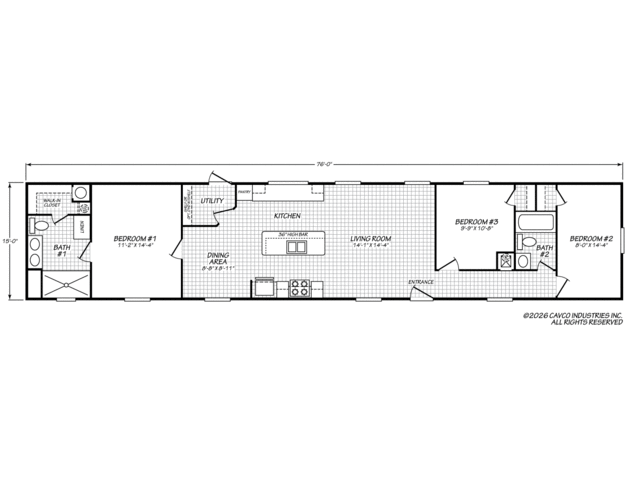 3 bedroom, 2 bathroom, 1,140 sq ft