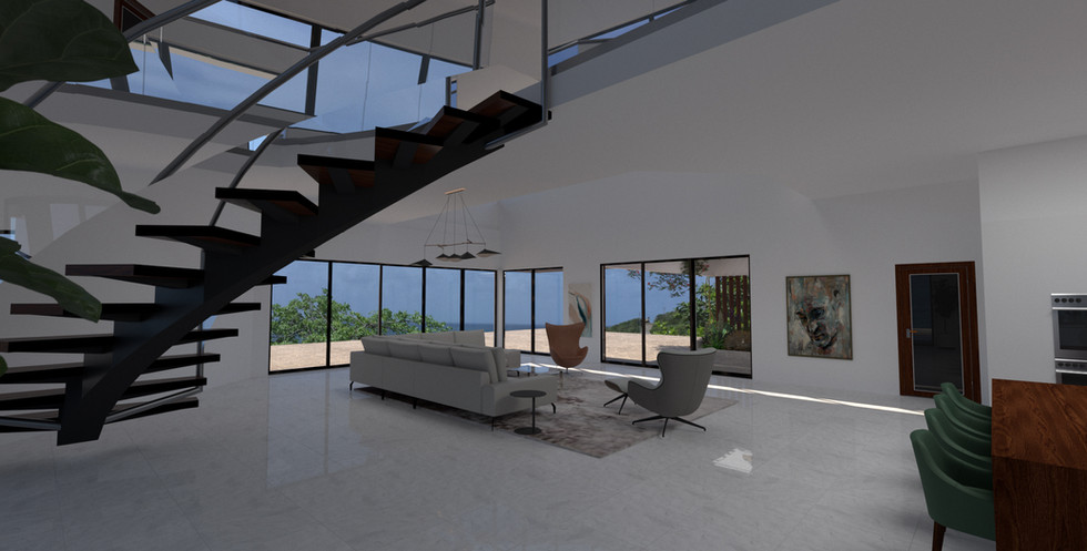 interior of house showing large curved staircase and white tiles