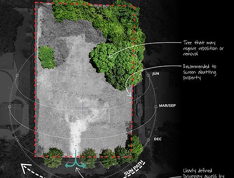 top view of house with trees and yard.