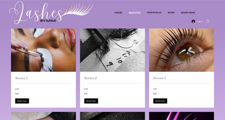 Purple-themed beauty website with eyelash extension images.