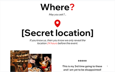Red location pin with "Where?" and "Secret location."