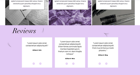 Purple-themed testimonials section with reviews