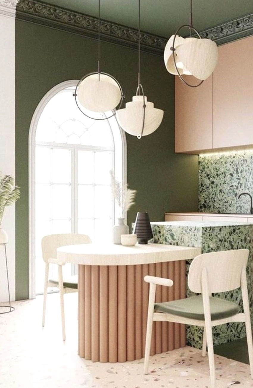 Timber fluted kitchen island_green terrazzo island and splashback_pendant lights