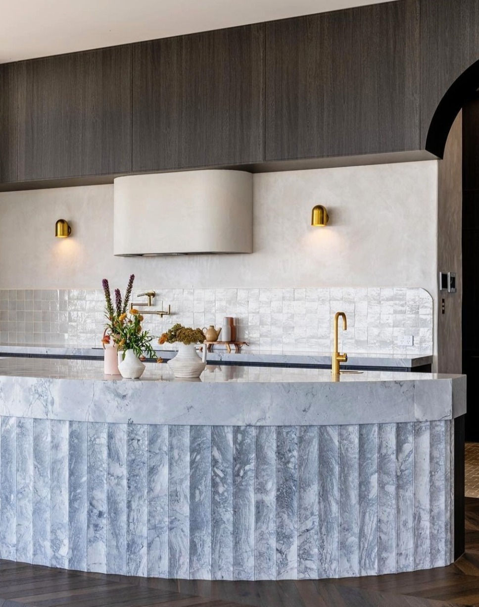 Grey marble_dark walnut cabinetry_statement island