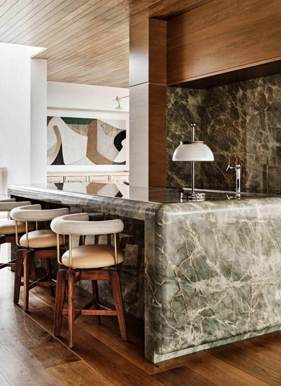 Green marble_kitchen island_timber tones_lamp_ kitchen island lamp