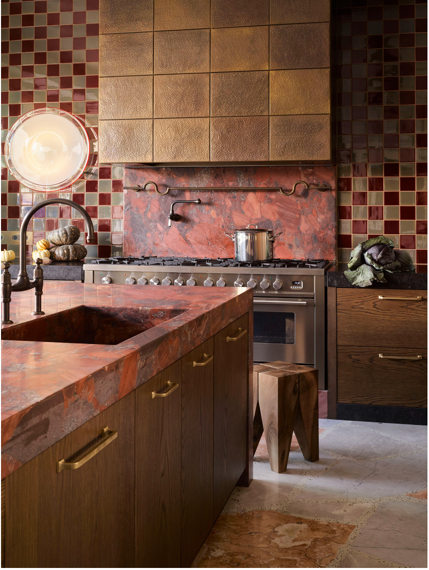 Interior design_Flack Studio_red_white_square_tiles_Bronze_rangehood__red marble_timber stool