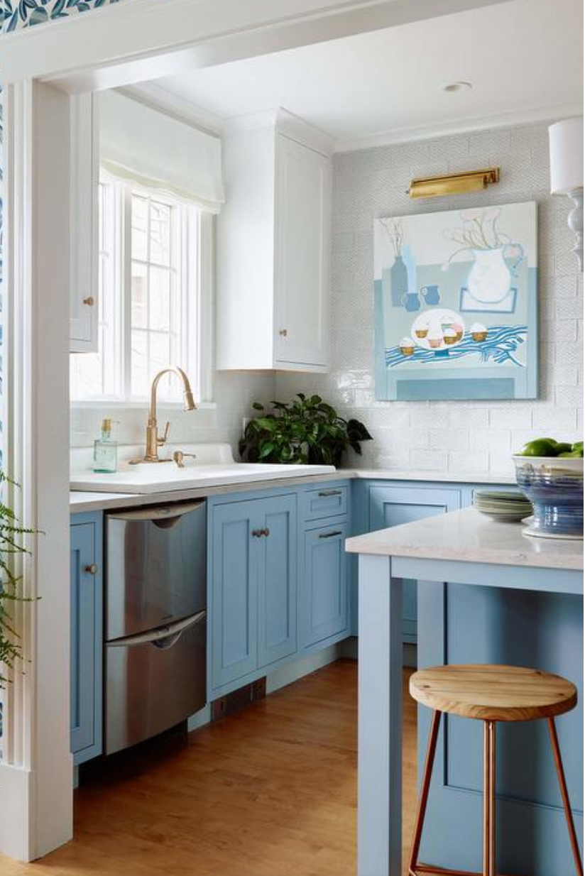 Brass_wall_light_Blue_kitchen_cabinets_kitchen art_timber stool_brass tap
