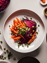 Bright beet and carrot salad with nuts and herbs in a minimal bowl with natural lighting