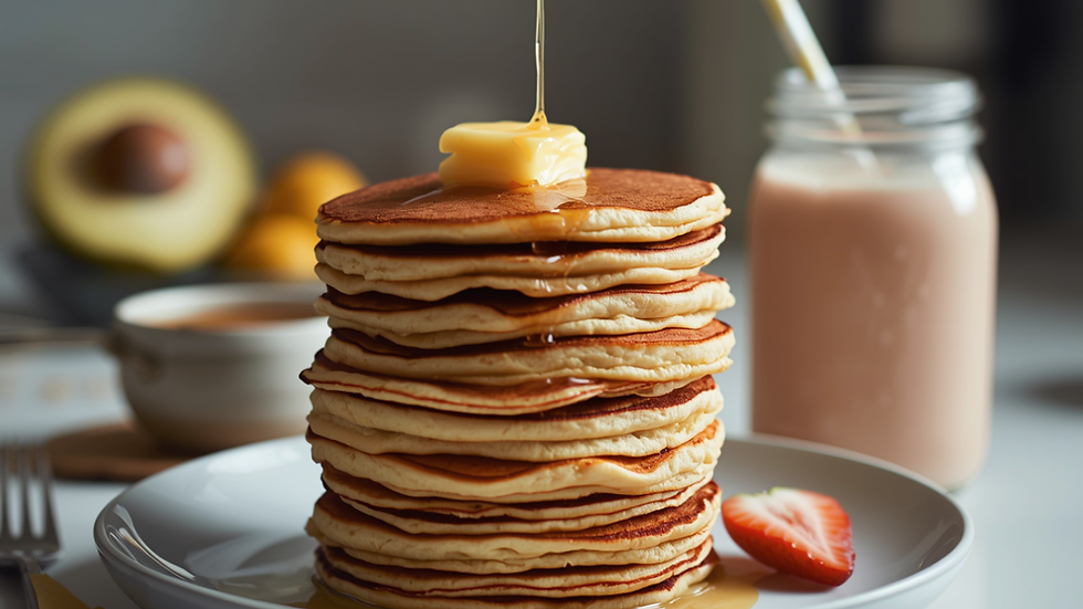 Cozy breakfast with pancakes and a smoothie in soft morning light.