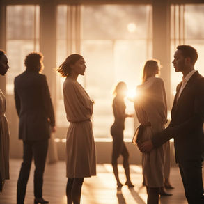 A softly lit scene of people standing together in a calm, welcoming environment, symbolizing safety, support, and quiet belonging.
