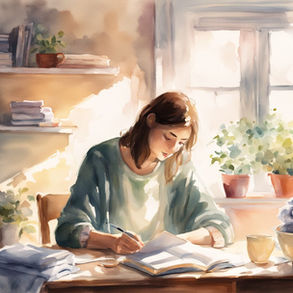 A soft, light-filled room with a journal, tea, and signs of everyday life — representing healing, progress, and quiet personal transformation.