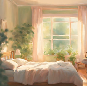 A sunlit bedroom with gentle morning light, plants, journals, and a cozy vibe representing calm and personal growth.