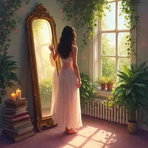 A woman in a flowing pink dress stands in front of a tall mirror, gently touching the glass, surrounded by plants, books, and warm candlelight as sunlight streams through a large window.