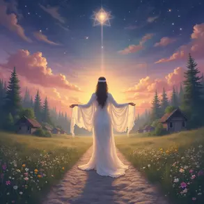 A woman in a flowing white dress stands on a path in a meadow, arms outstretched toward a glowing sunrise, with pine trees and cottages in the background.