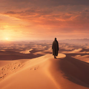 Person standing alone in a desert at sunset representing resilience, growth, and self-reflection in adulthood