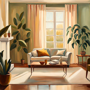 Peaceful sunlit living room with soft light, cozy seating, and a calm atmosphere representing rest and reflection