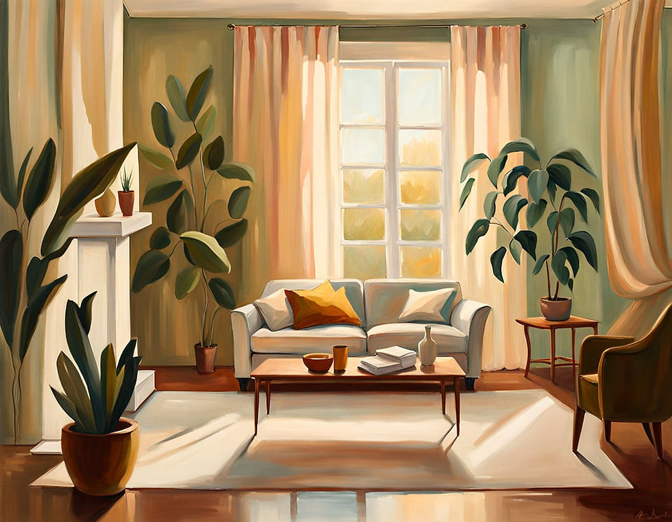 Peaceful sunlit living room with soft light, cozy seating, and a calm atmosphere representing rest and reflection