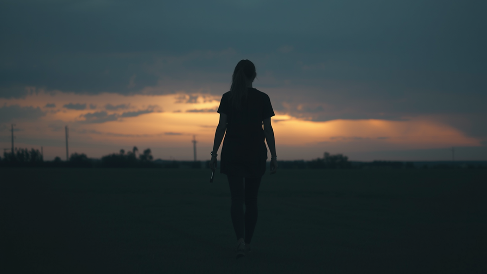 Person walking toward a glowing horizon at dusk, symbolizing quiet progress.