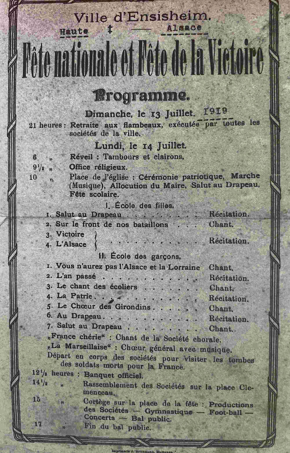 Poster for a 'Fête de la Victoire' (celebration of Victory) in Emile Litschgy's home town.