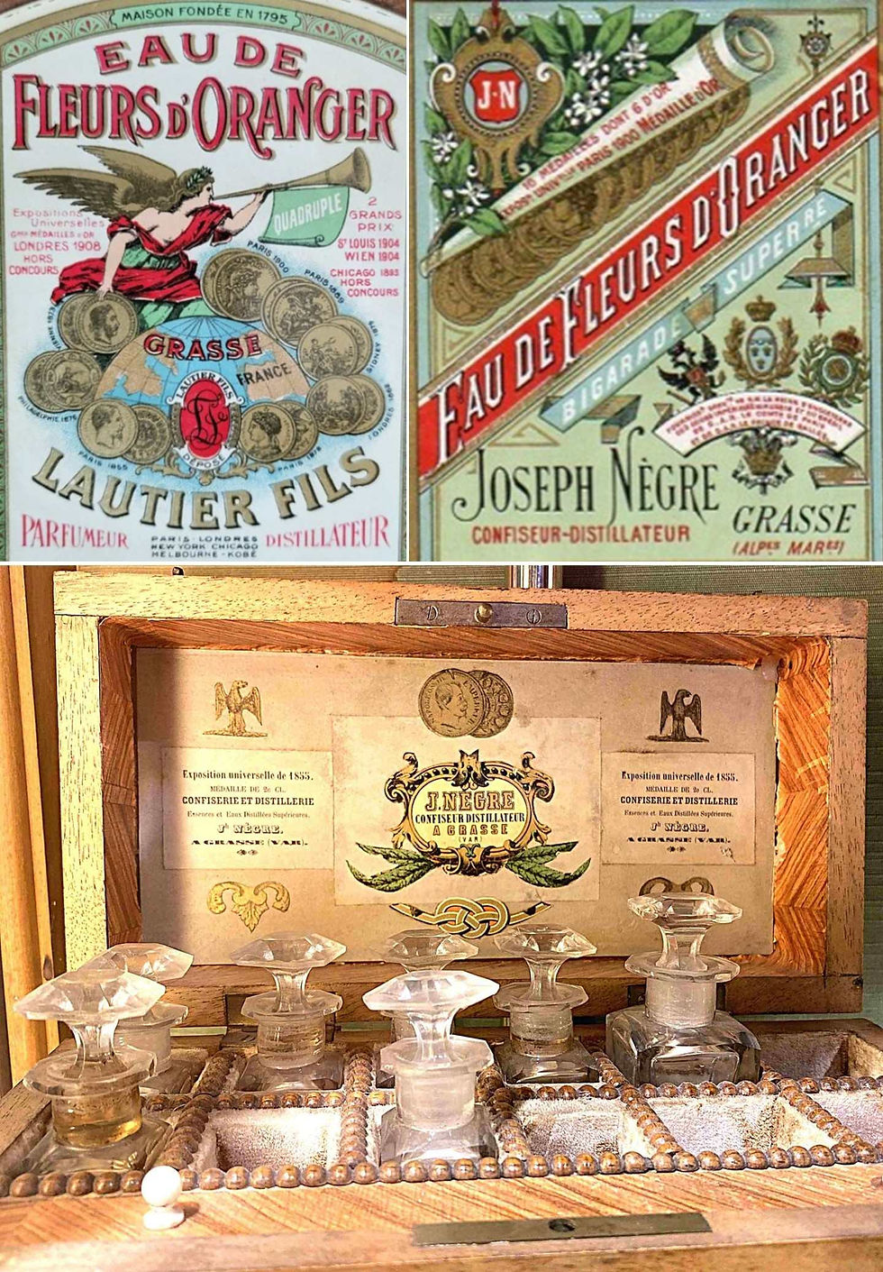 Labels for eau de fleurs d’oranger produced by Lautier and by Nègre