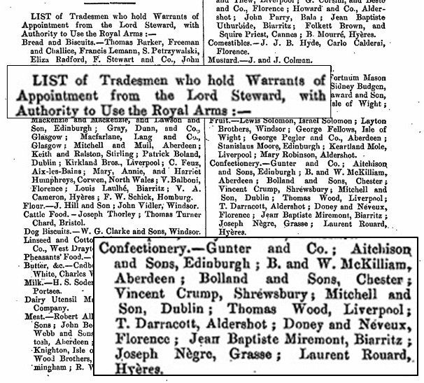 London Gazette 1895 listing Joseph Nègre as a royal warrant holder during the reign of Victoria