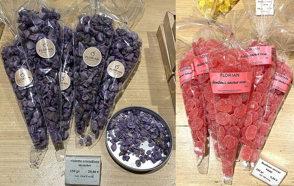 Violet petals crystallised in sugar made today at Florian Pont-du-Loup.