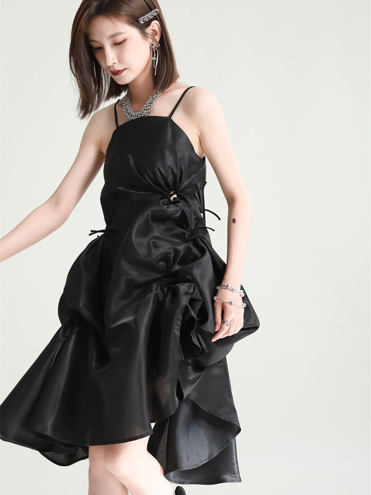 Thumbnail: Amida Pillowy Spaghetti Strap Dress - Black
