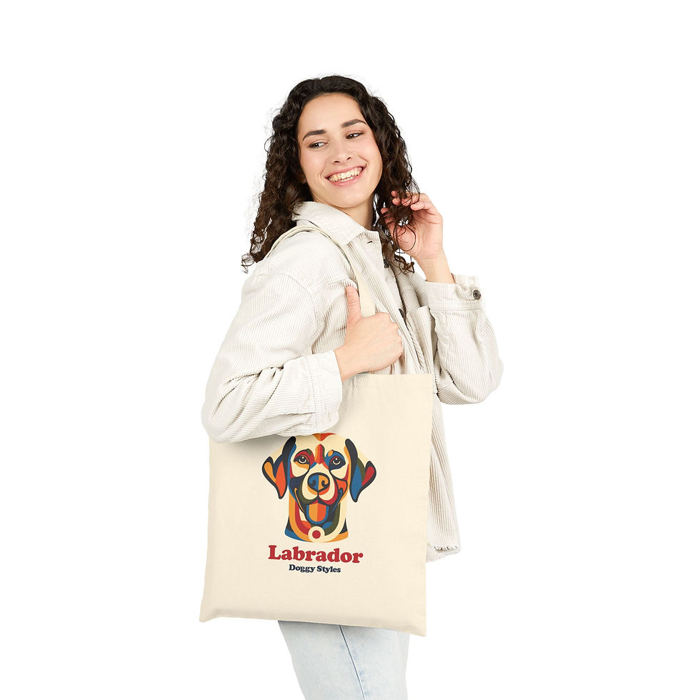 Thumbnail: Casual lifestyle shot of a woman modeling a Labrador dog pop art tote bag